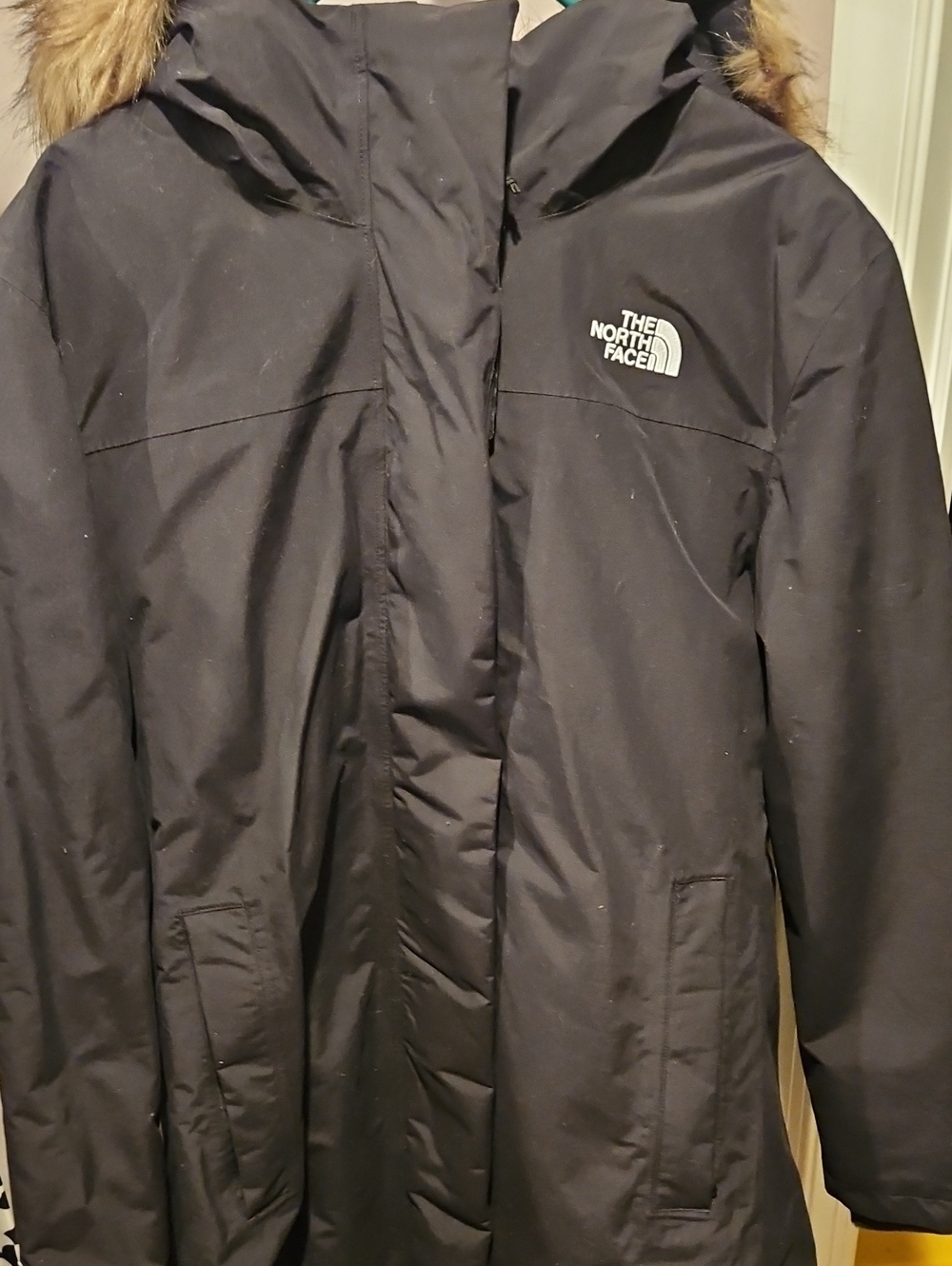 The North Face Black Hooded Trench Coat with Faux-Fur Trim